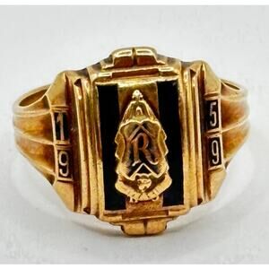 Class Ring - Retro 10k Yellow Gold Black Enamel High School -  1959 Size 9.5 "R"